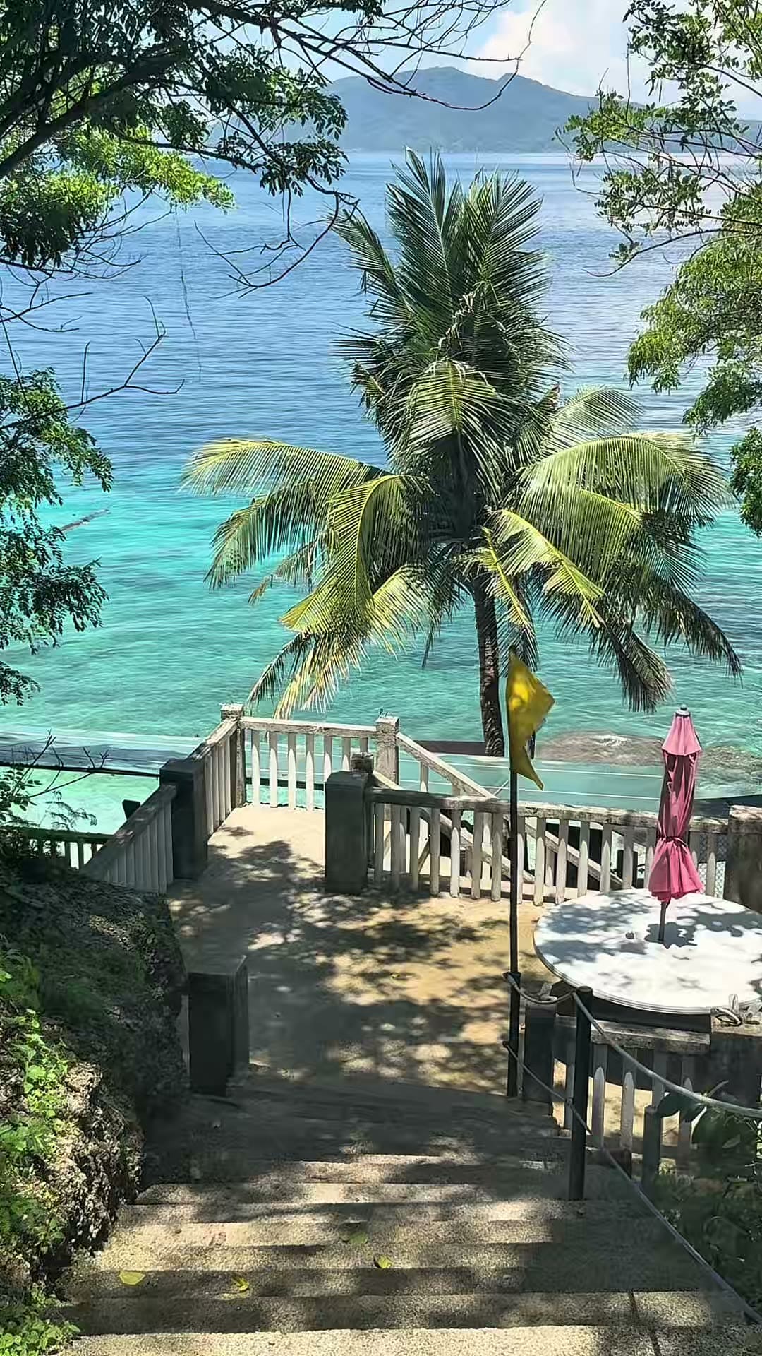 Steps leading down to a turquoise cove framed by palm trees